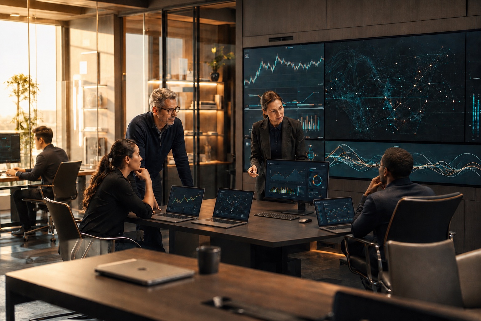 Fintech team reviewing trading analytics and data dashboards